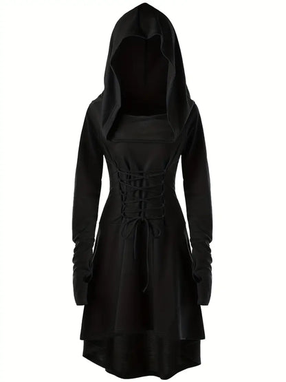 Women’s Gothic Lace Up Halloween Movie Costume Dress | Hooded Long Sleeve