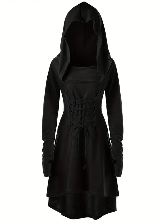 Women’s Gothic Lace Up Halloween Movie Costume Dress | Hooded Long Sleeve