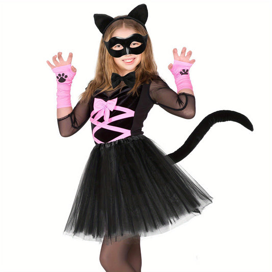 Girls Cute Tulle Halloween Costume Dress Set | Cat Mask Gloves Tail
