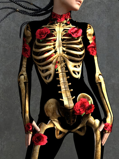 Women Skeleton Print Halloween Costume Jumpsuit | Long Sleeve Stretchy