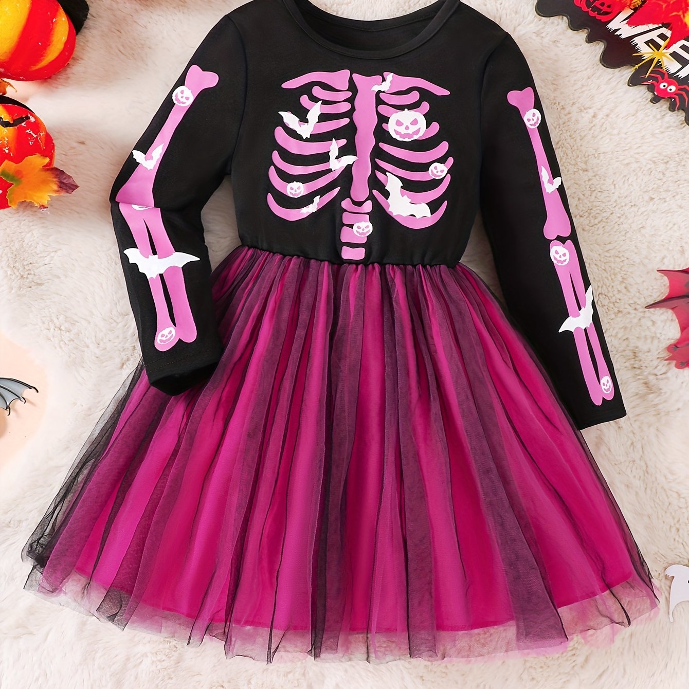 Girls Long Sleeve Halloween Skeleton Costume Dress | Tulle Mini