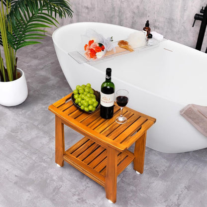 Solid Teak Wood Shower Bench Seat with Storage Shelf