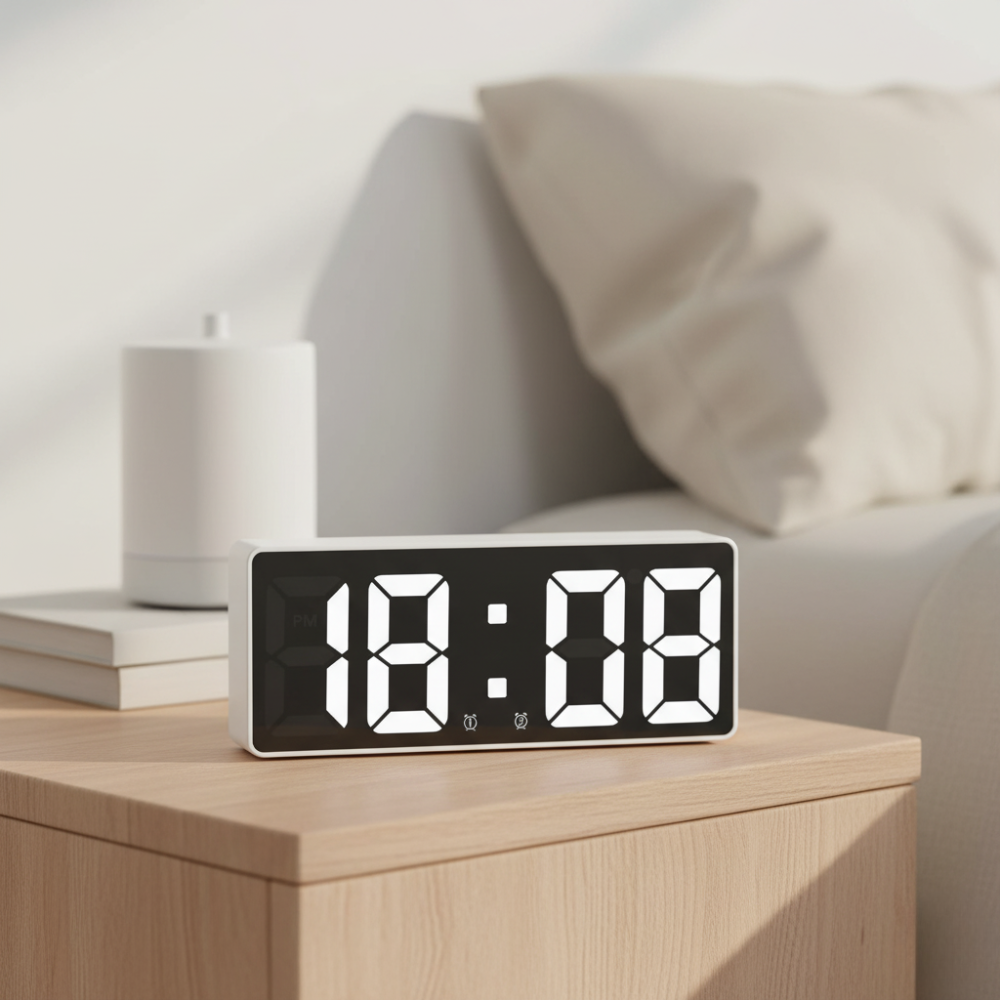 Glass LED Digital Alarm Clock with Temperature Display – Modern Bedside Clock