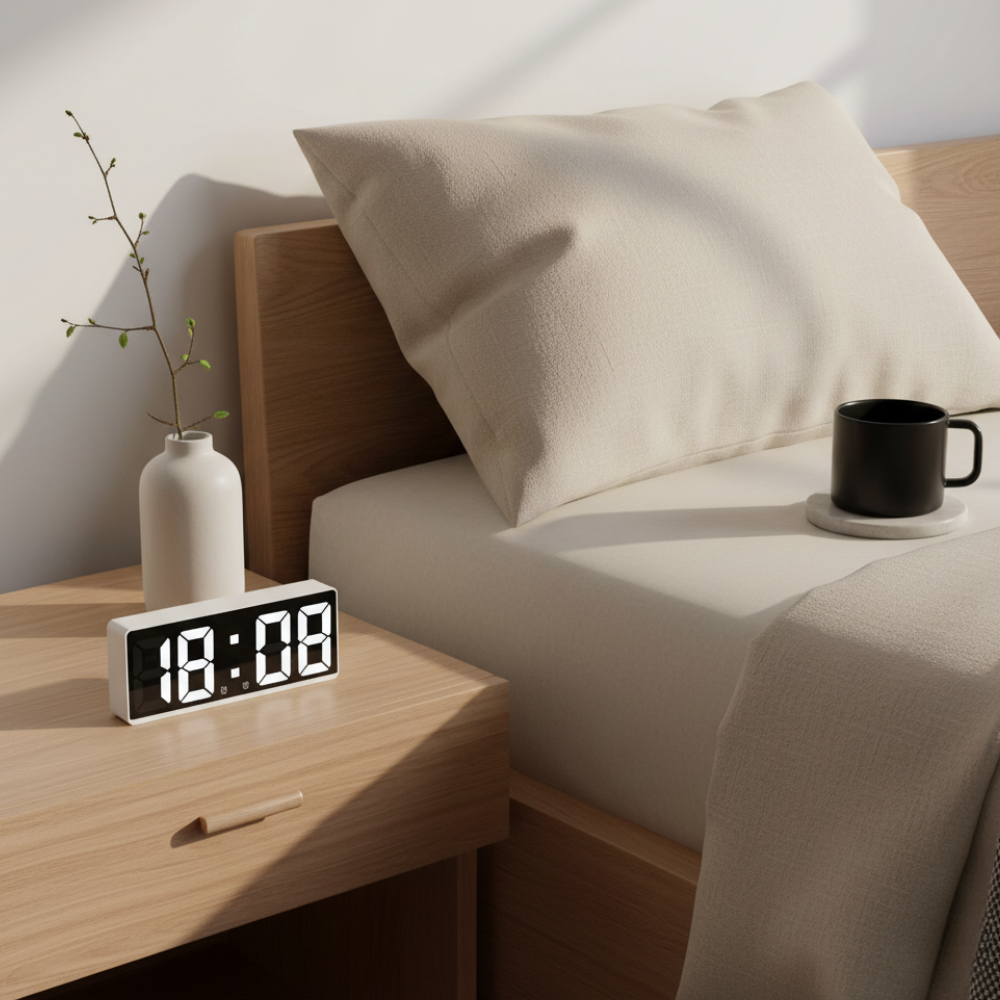 Glass LED Digital Alarm Clock with Temperature Display – Modern Bedside Clock