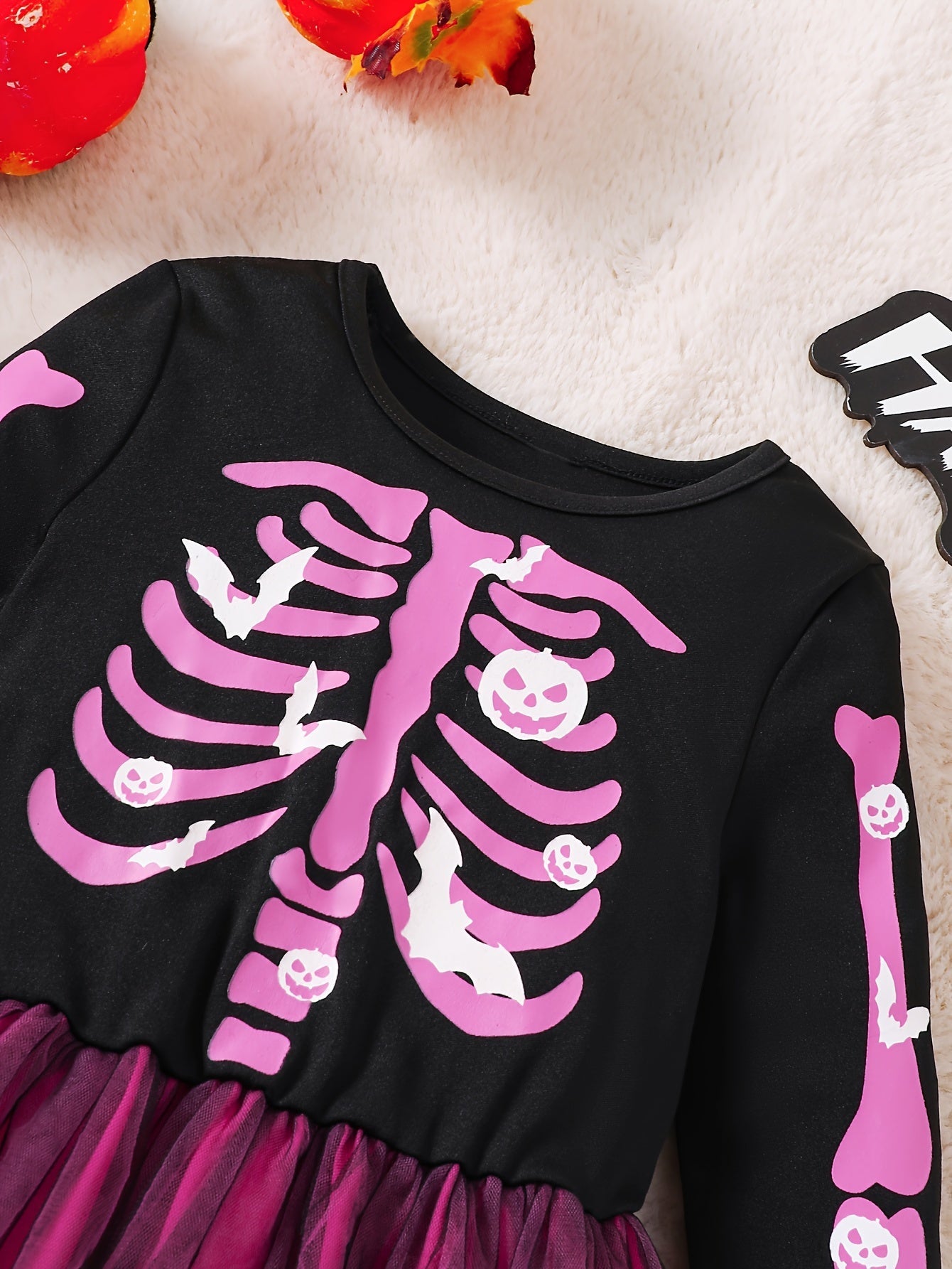 Girls Long Sleeve Halloween Skeleton Costume Dress | Tulle Mini