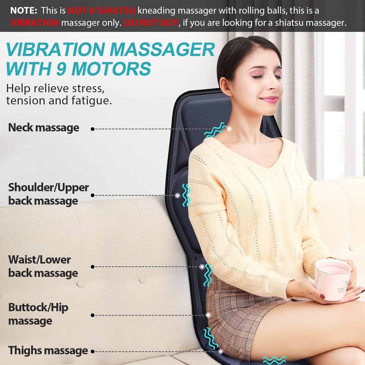 Massage Seat Cushion Pad with Heat 9 Massage Style Lumbar Support Function