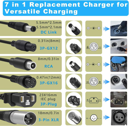 54.6V 2A Fast Charger with 7-in-1 Plugs 48V Electric Scooter Charger Universal Battery Charger
