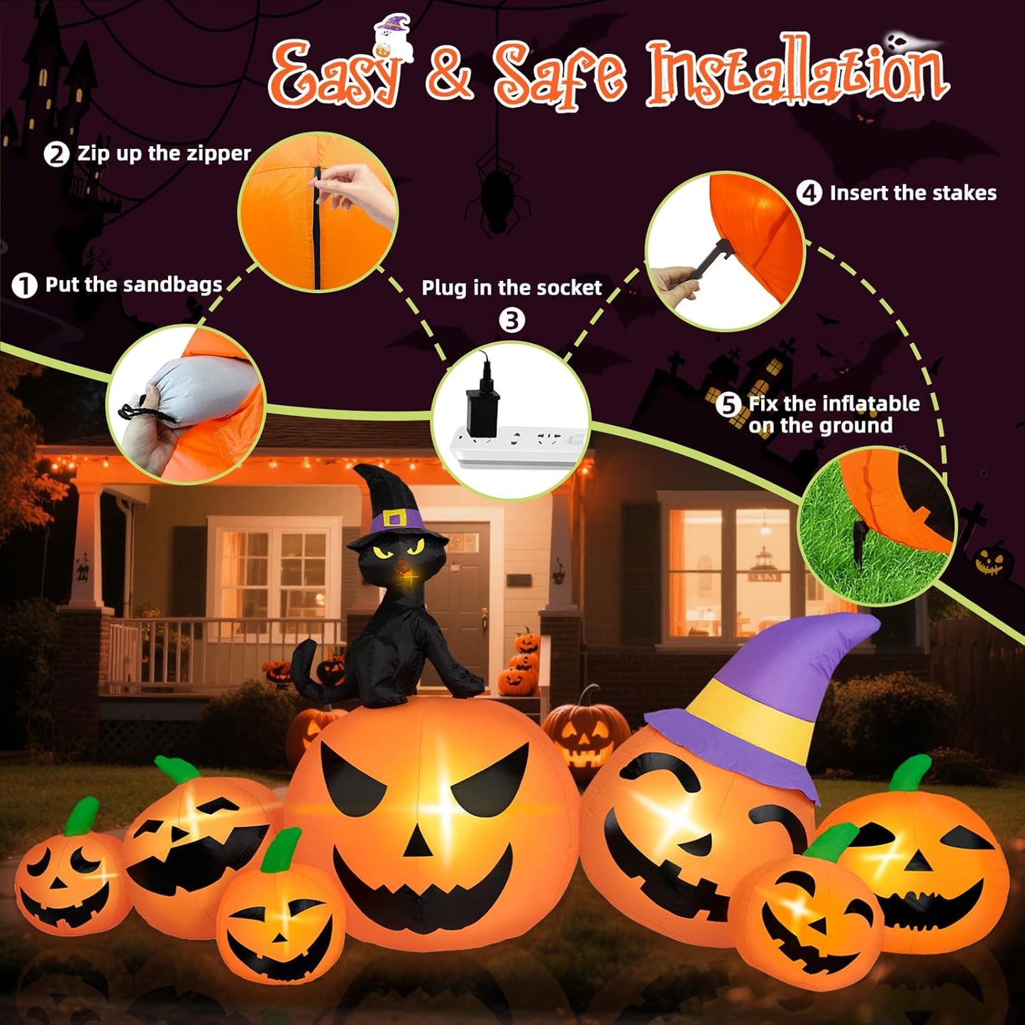8FT Halloween Inflatable Pumpkin with Black Cat And LED Lights