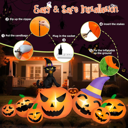 8FT Halloween Inflatable Pumpkin with Black Cat And LED Lights