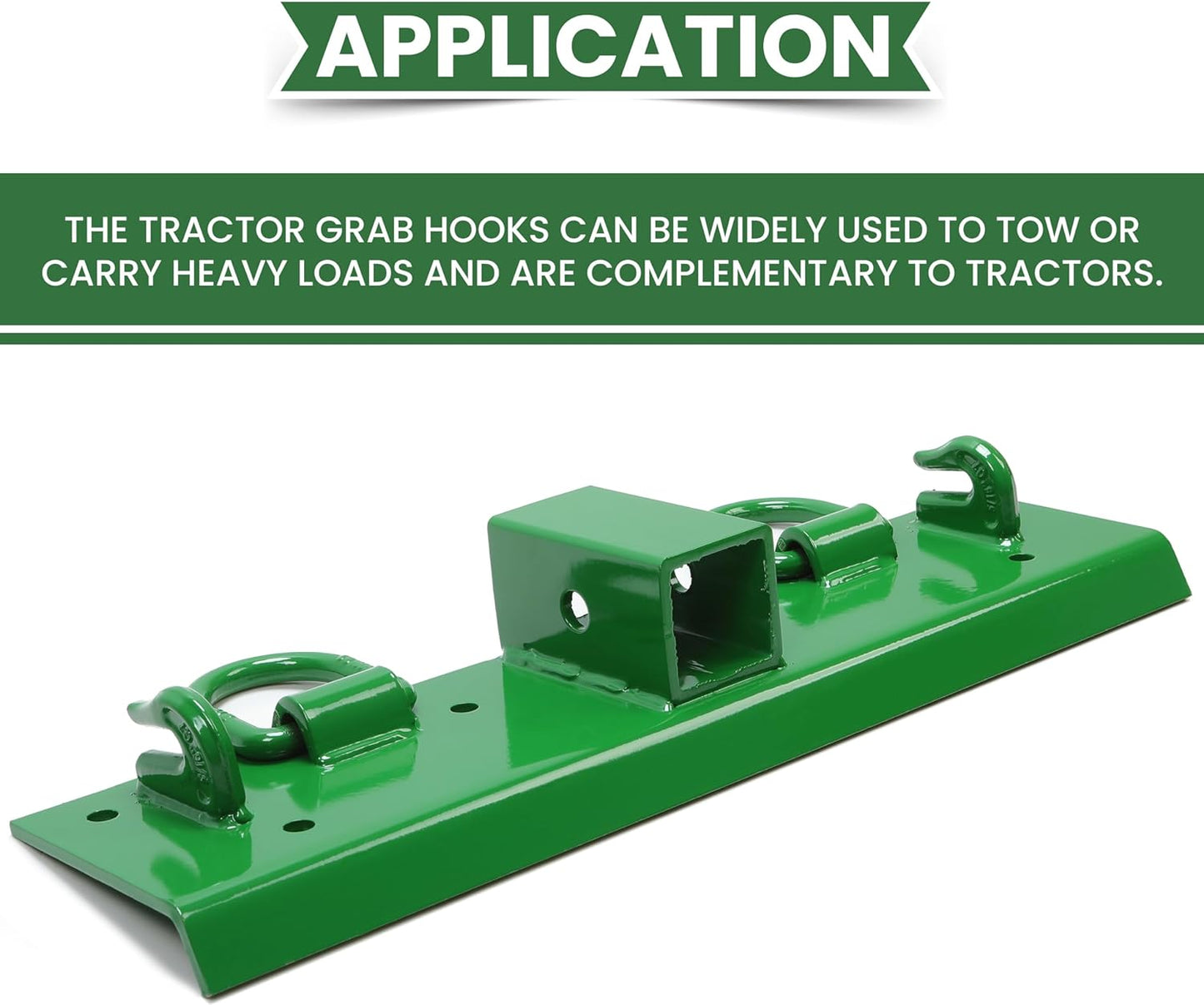 Bolt-On Bucket Grab Hook for John Deere Compact Tractors - Green Powder-Coated Steel Tow Hook