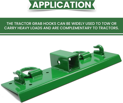 Bolt-On Bucket Grab Hook for John Deere Compact Tractors - Green Powder-Coated Steel Tow Hook