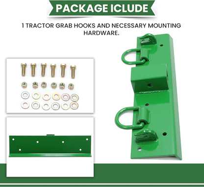 Bolt-On Bucket Grab Hook for John Deere Compact Tractors - Green Powder-Coated Steel Tow Hook