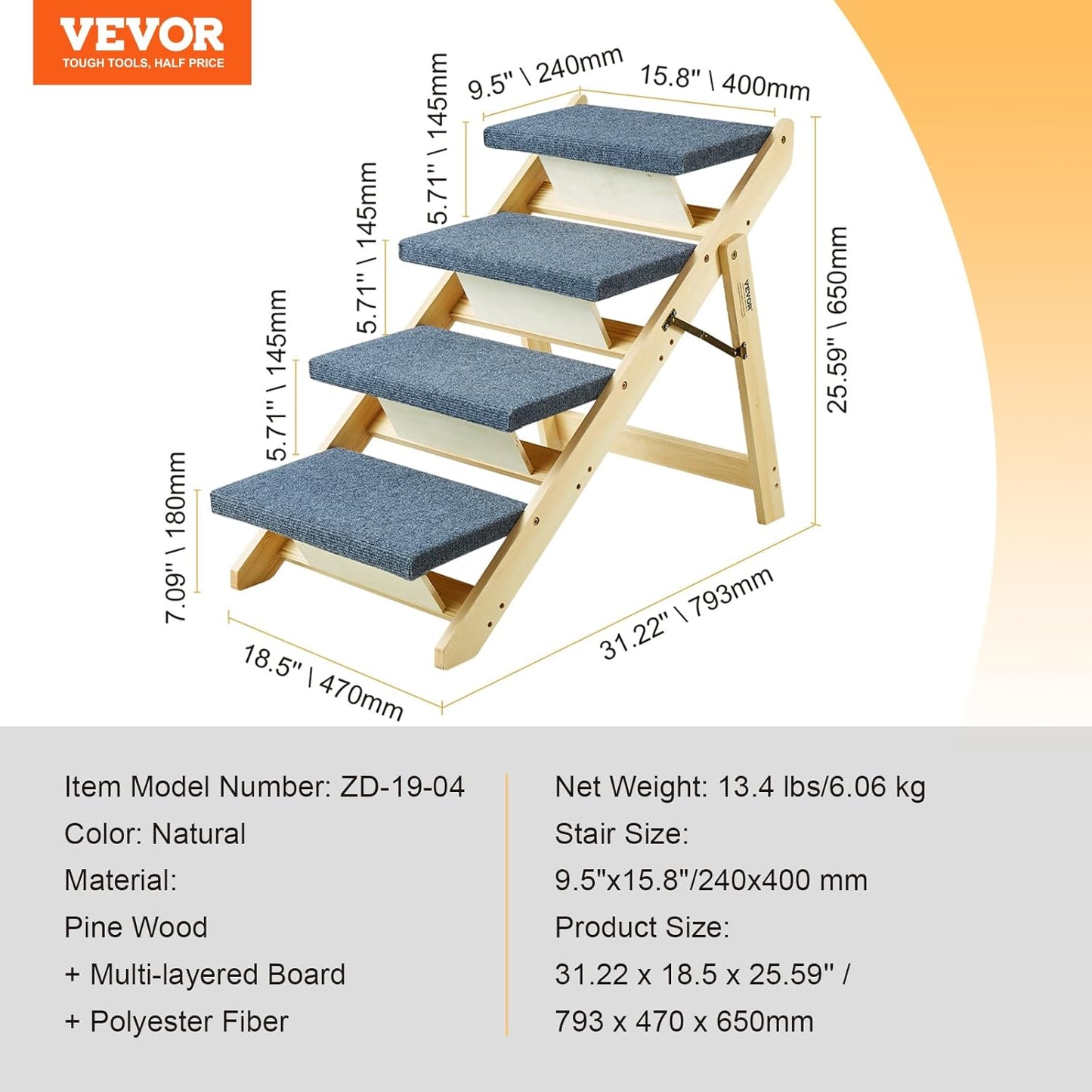 Wood Dog Stairs/Ramp 4-Step 2-in-1 Foldable Pet Steps