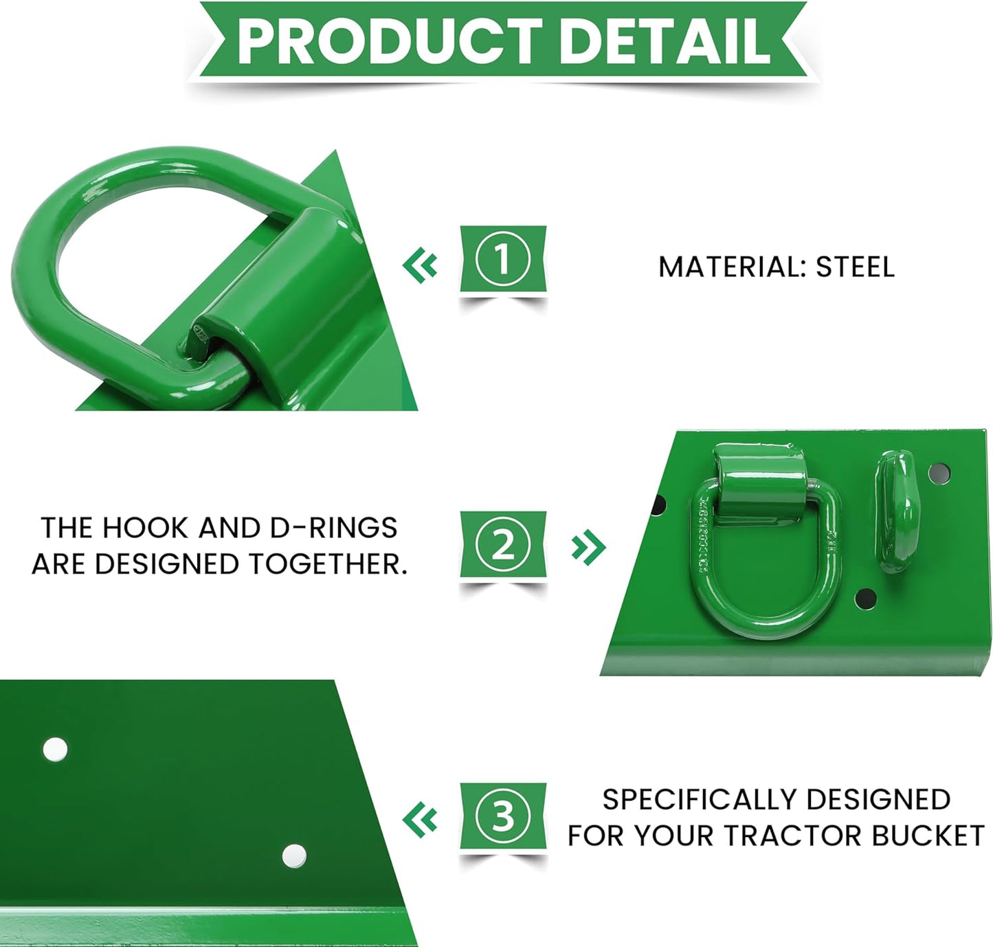 Bolt-On Bucket Grab Hook for John Deere Compact Tractors - Green Powder-Coated Steel Tow Hook