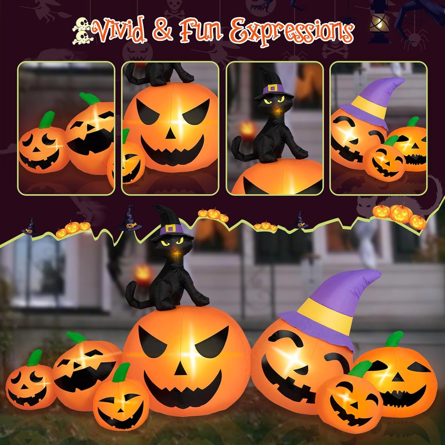 8FT Halloween Inflatable Pumpkin with Black Cat And LED Lights