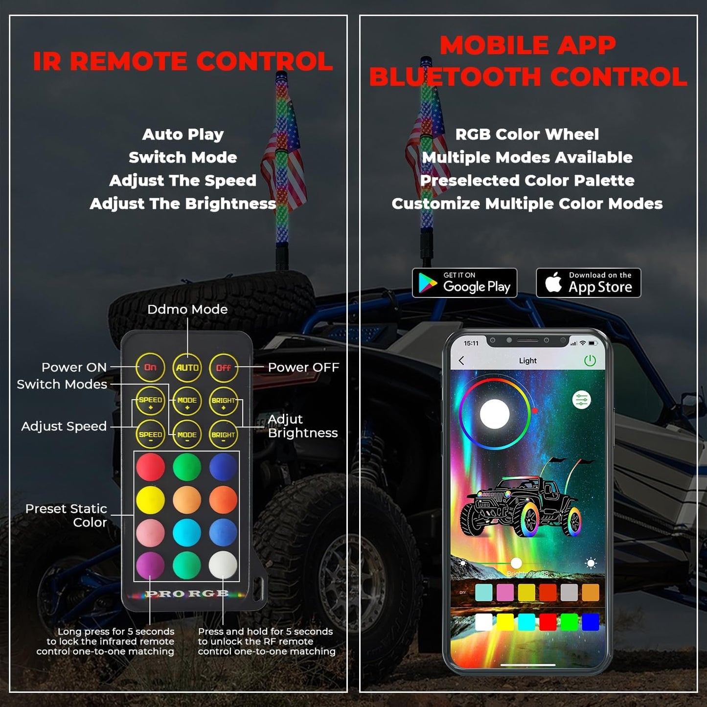 2Pcs 3FT LED Fat Whip Lights with Spring Base For RZR Can-Am Polaris UTV ATV