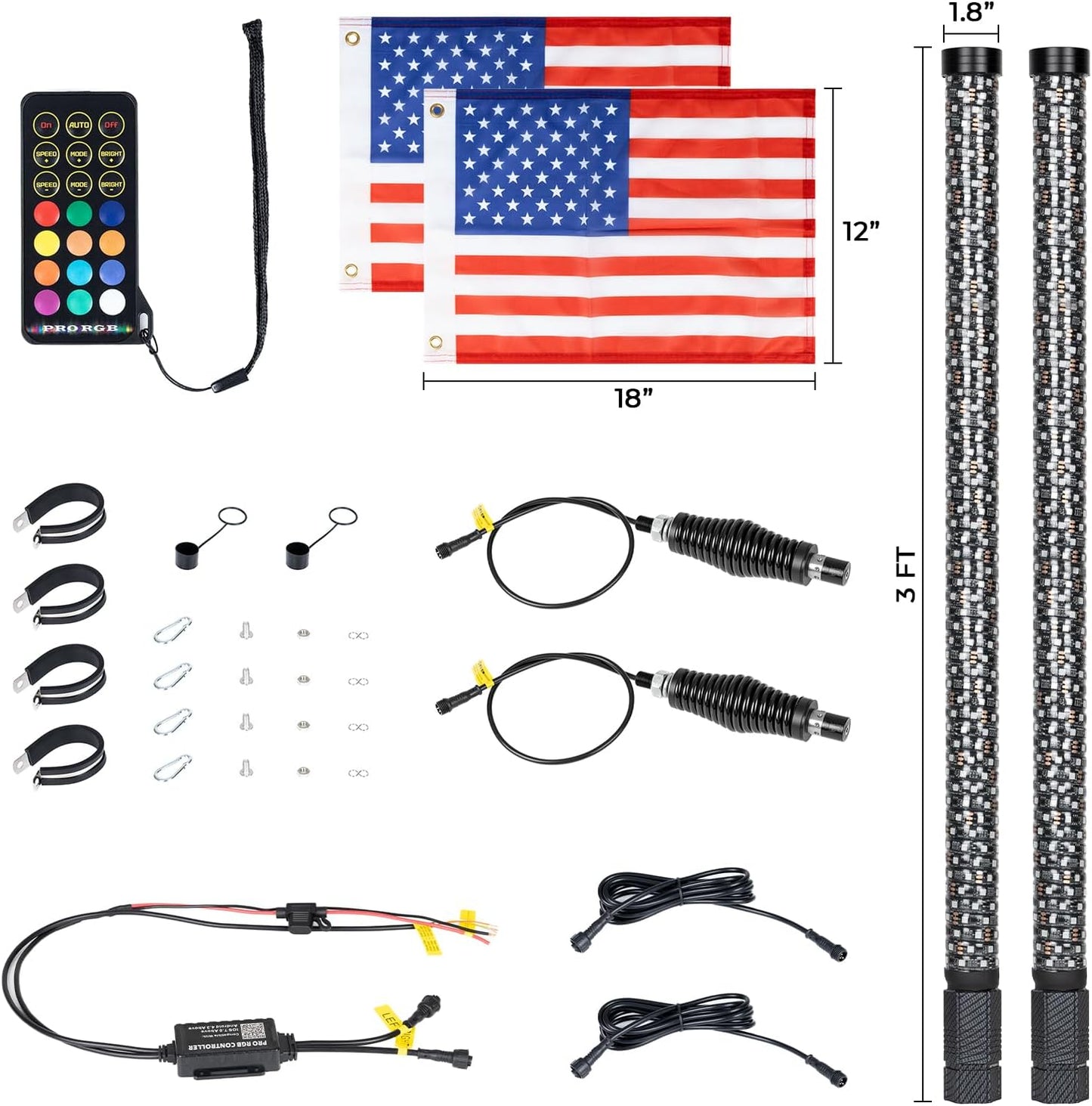 2Pcs 3FT LED Fat Whip Lights with Spring Base For RZR Can-Am Polaris UTV ATV