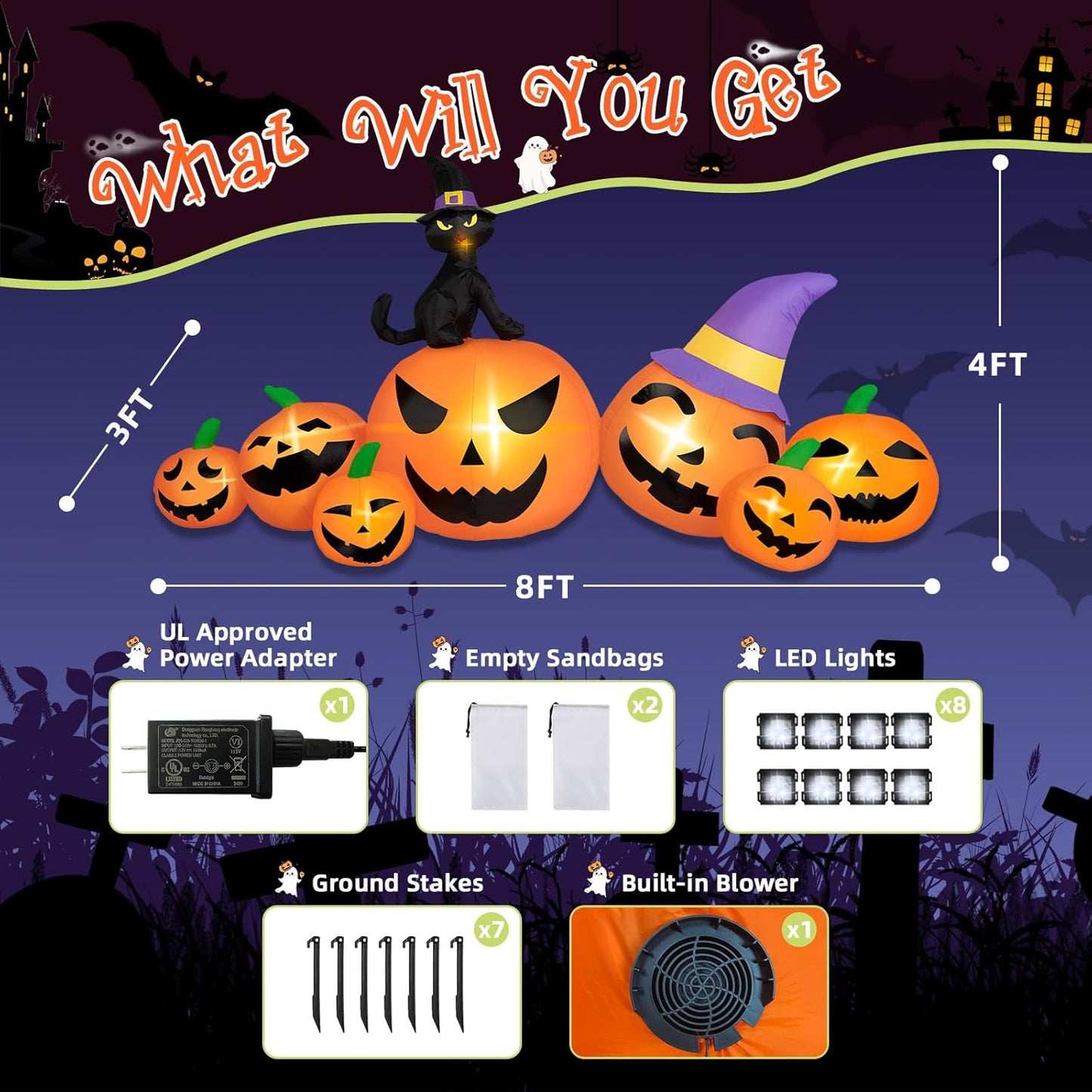 8FT Halloween Inflatable Pumpkin with Black Cat And LED Lights