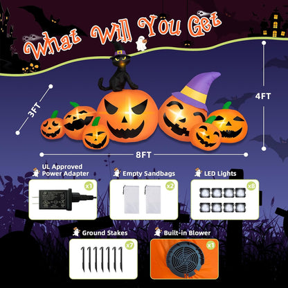 8FT Halloween Inflatable Pumpkin with Black Cat And LED Lights
