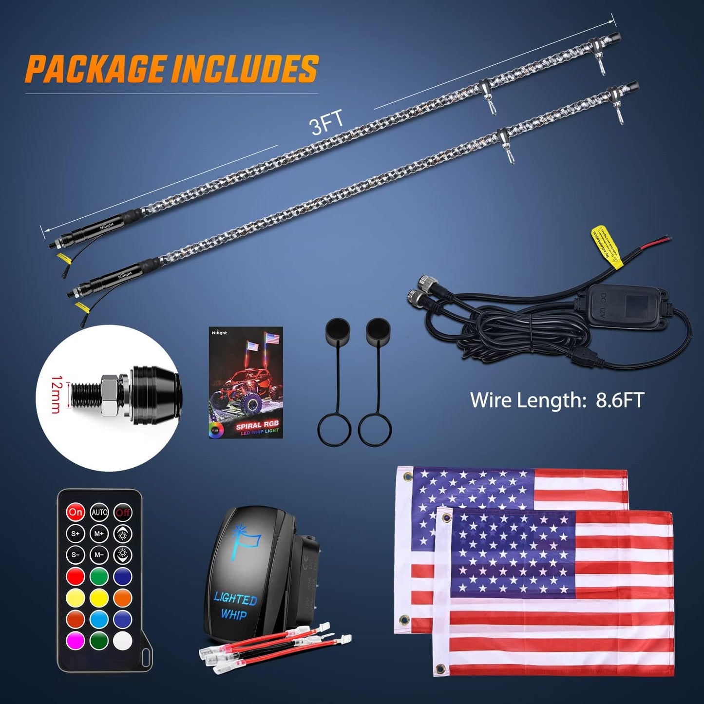 2PCS 3FT Spiral RGB Led Whip Light w/RGB Chasing Light RF Remote Control