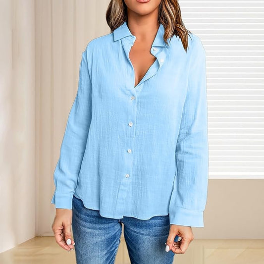 Breathable Cotton Linen Shirt – Long Sleeve Button-Down Blouse with Lapel Design for Everyday Elegance