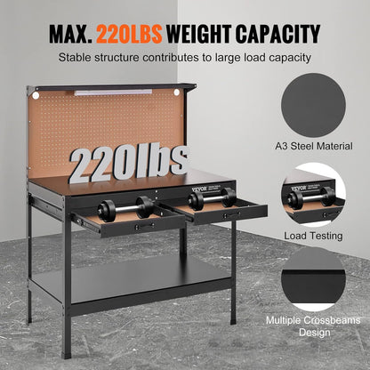 Steel Work Bench For Garage: 220lbs Weight Capacity 0.47" Hardwood Workbench