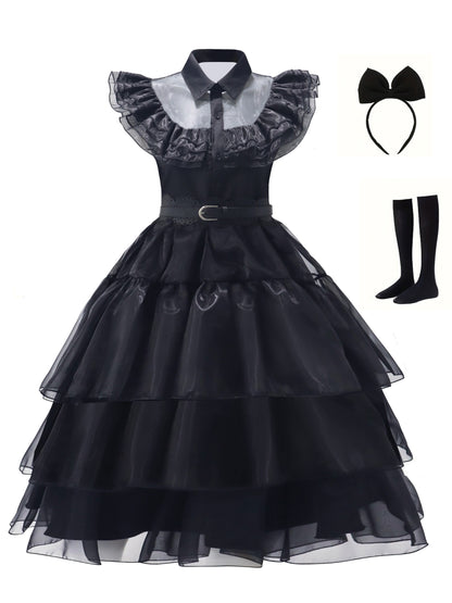 Women’s Gothic Ruffle Halloween Movie Costume Dress | Layered Midi Set