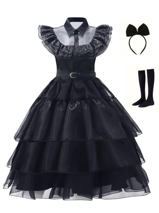 Women’s Gothic Ruffle Halloween Movie Costume Dress | Layered Midi Set
