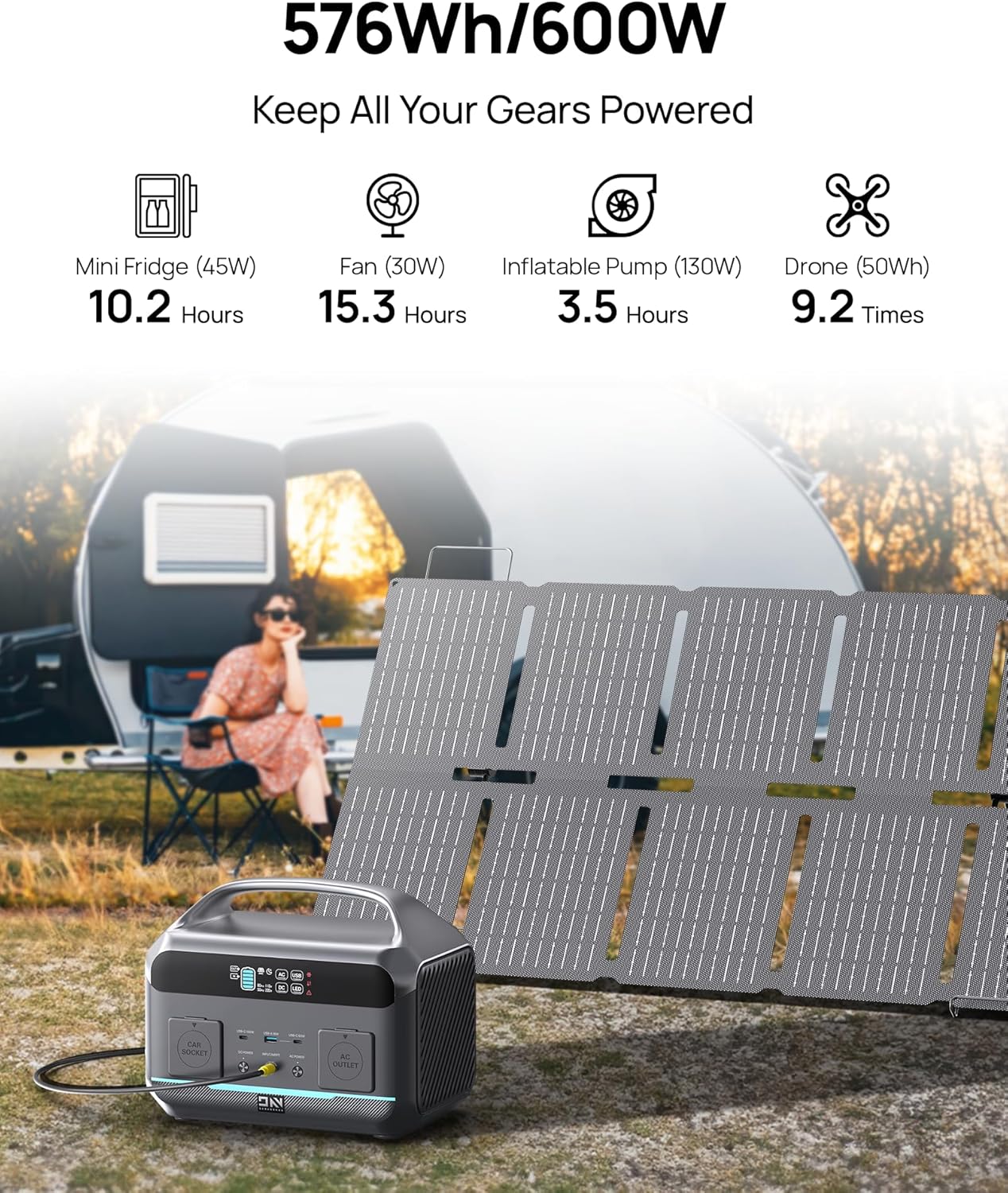 Portable Solar Generator 600W (1200W Surge) with 100W Solar Panel, 576Wh (180,000mAh) LFP Battery For Home & Emergency, Camping & RVs, CPAP