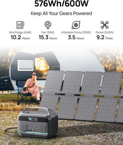Portable Solar Generator 600W (1200W Surge) with 100W Solar Panel, 576Wh (180,000mAh) LFP Battery For Home & Emergency, Camping & RVs, CPAP