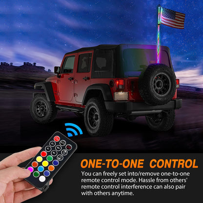 2PCS 3FT Spiral RGB Led Whip Light w/RGB Chasing Light RF Remote Control