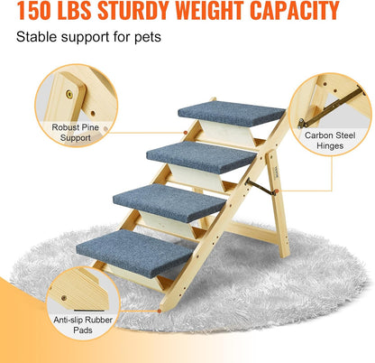 Wood Dog Stairs/Ramp 4-Step 2-in-1 Foldable Pet Steps