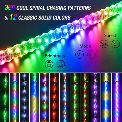 2PCS 3FT Spiral RGB Led Whip Light w/RGB Chasing Light RF Remote Control