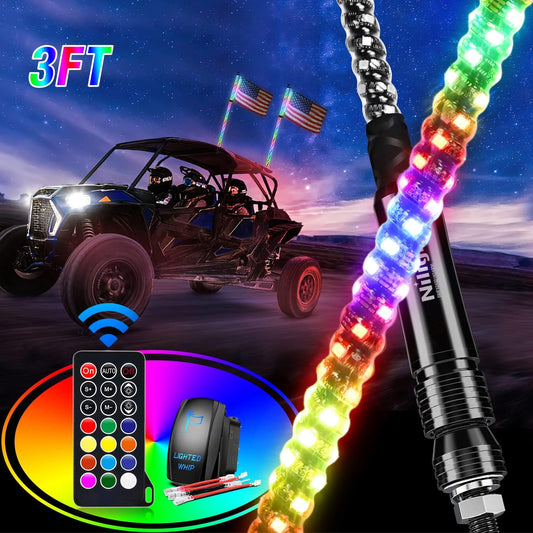 2PCS 3FT Spiral RGB Led Whip Light w/RGB Chasing Light RF Remote Control