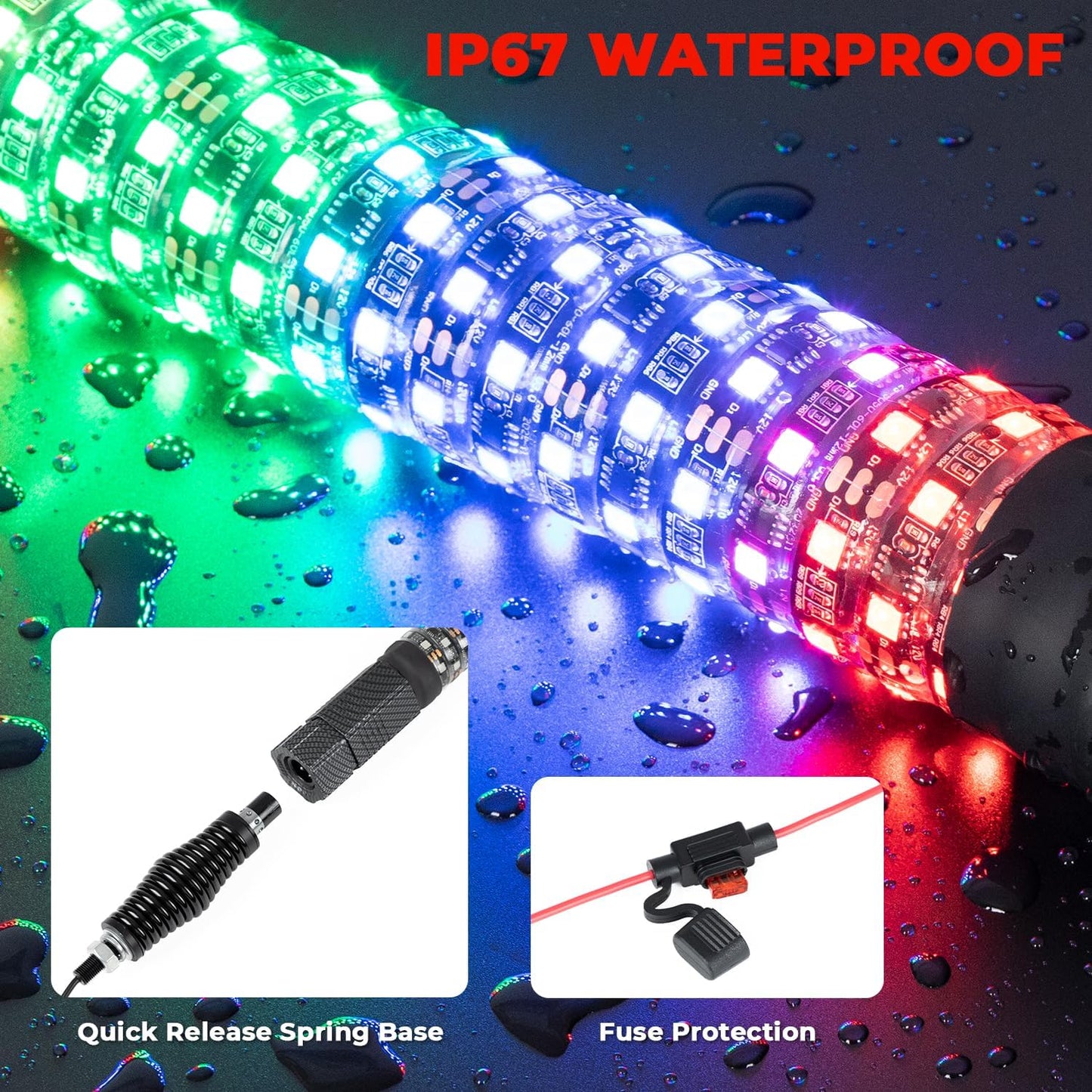 2Pcs 3FT LED Fat Whip Lights with Spring Base For RZR Can-Am Polaris UTV ATV