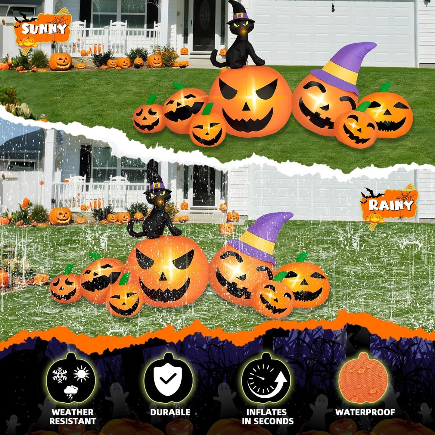 8FT Halloween Inflatable Pumpkin with Black Cat And LED Lights