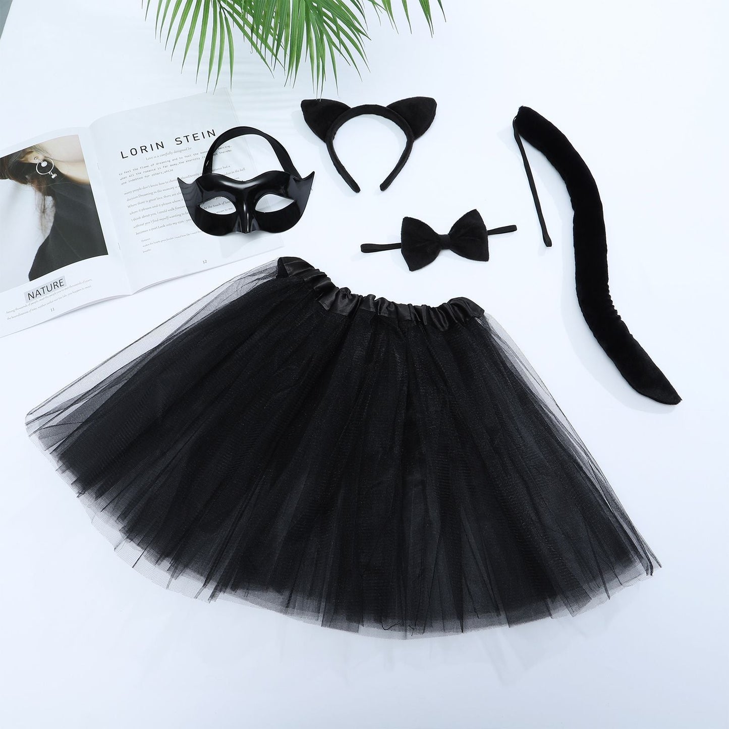 Girls Cute Tulle Halloween Costume Dress Set | Cat Mask Gloves Tail