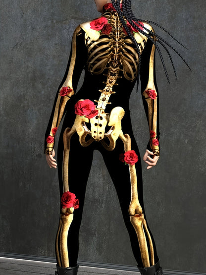 Women Skeleton Print Halloween Costume Jumpsuit | Long Sleeve Stretchy