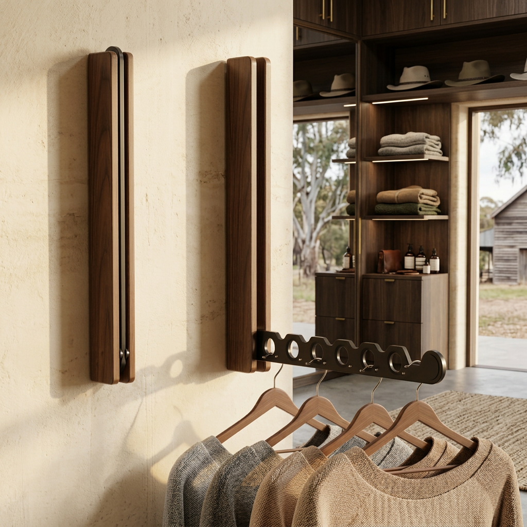 Folding Timber Clothes Rail – Wall-Mounted Collapsible Hanger Rack