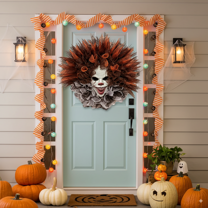 Haunted Clown Wreath – Scary Mesh Halloween Door Decoration