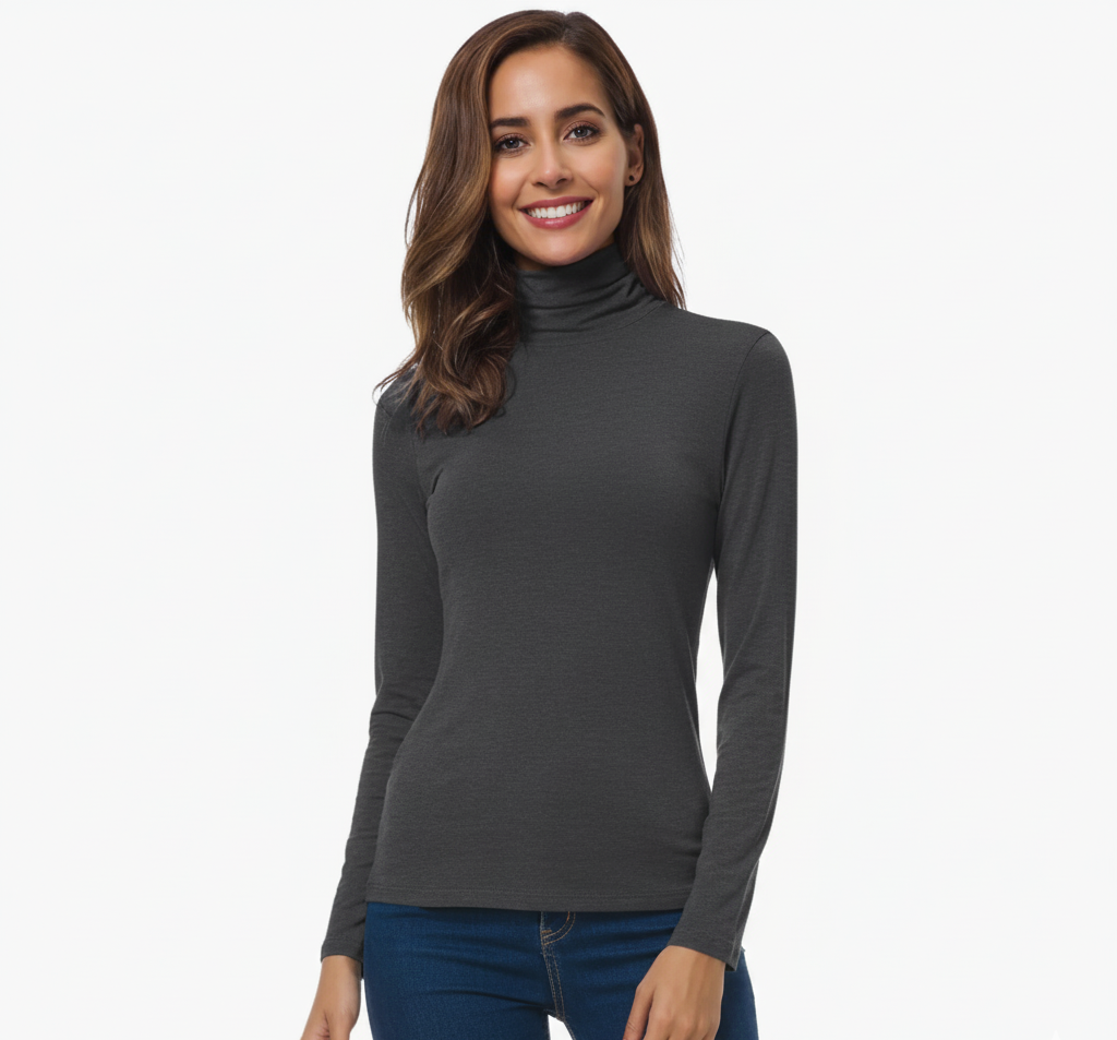 Women's Long Sleeve Turtleneck Top - Slim Fit Stretch Knit Basic Layering Shirt