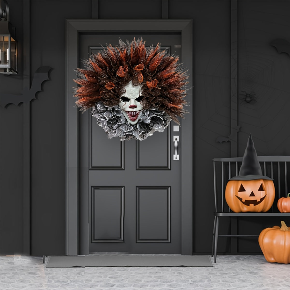 Haunted Clown Wreath – Scary Mesh Halloween Door Decoration