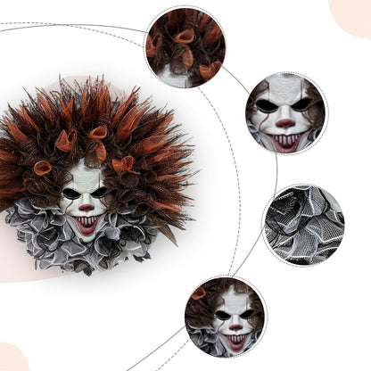 Haunted Clown Wreath – Scary Mesh Halloween Door Decoration