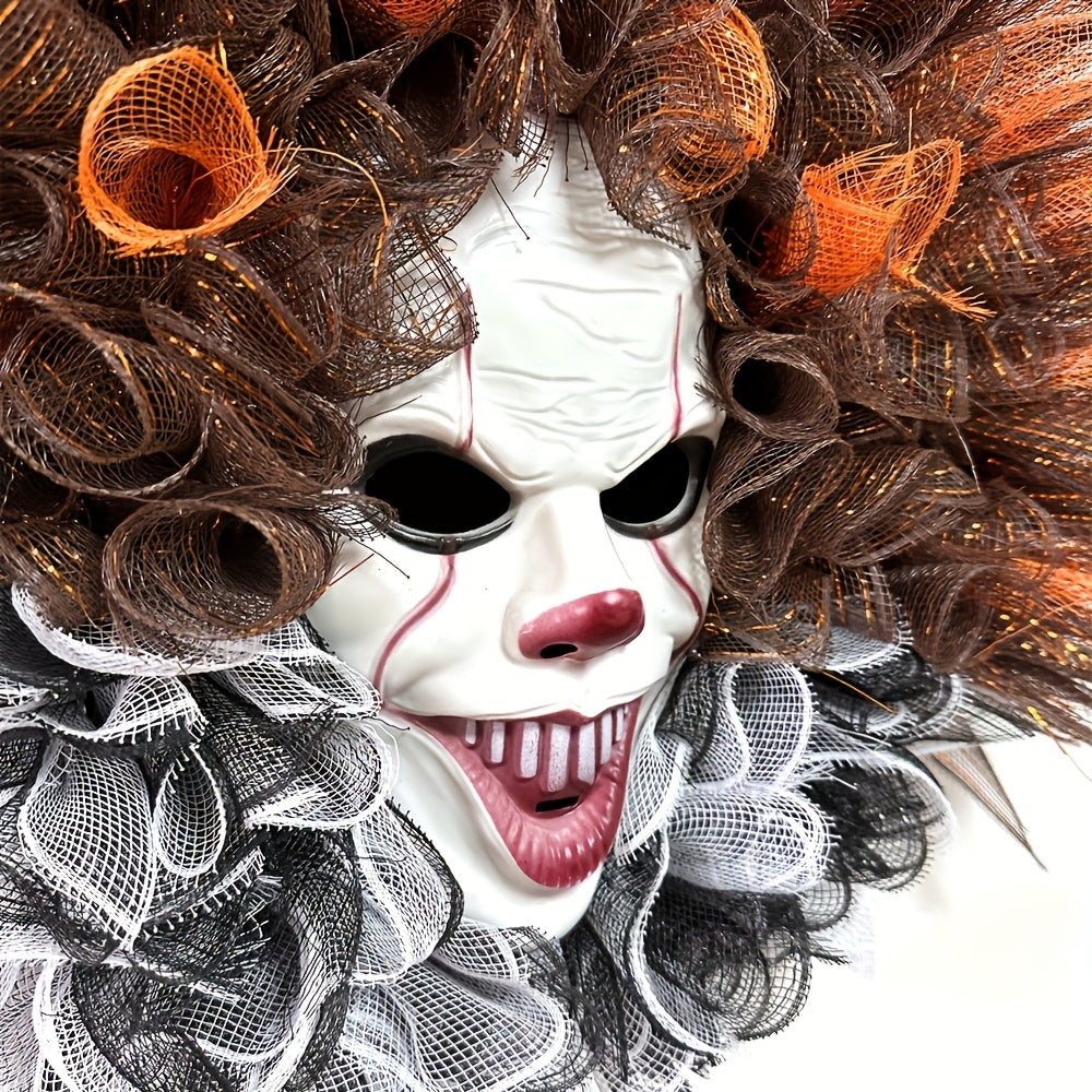 Haunted Clown Wreath – Scary Mesh Halloween Door Decoration