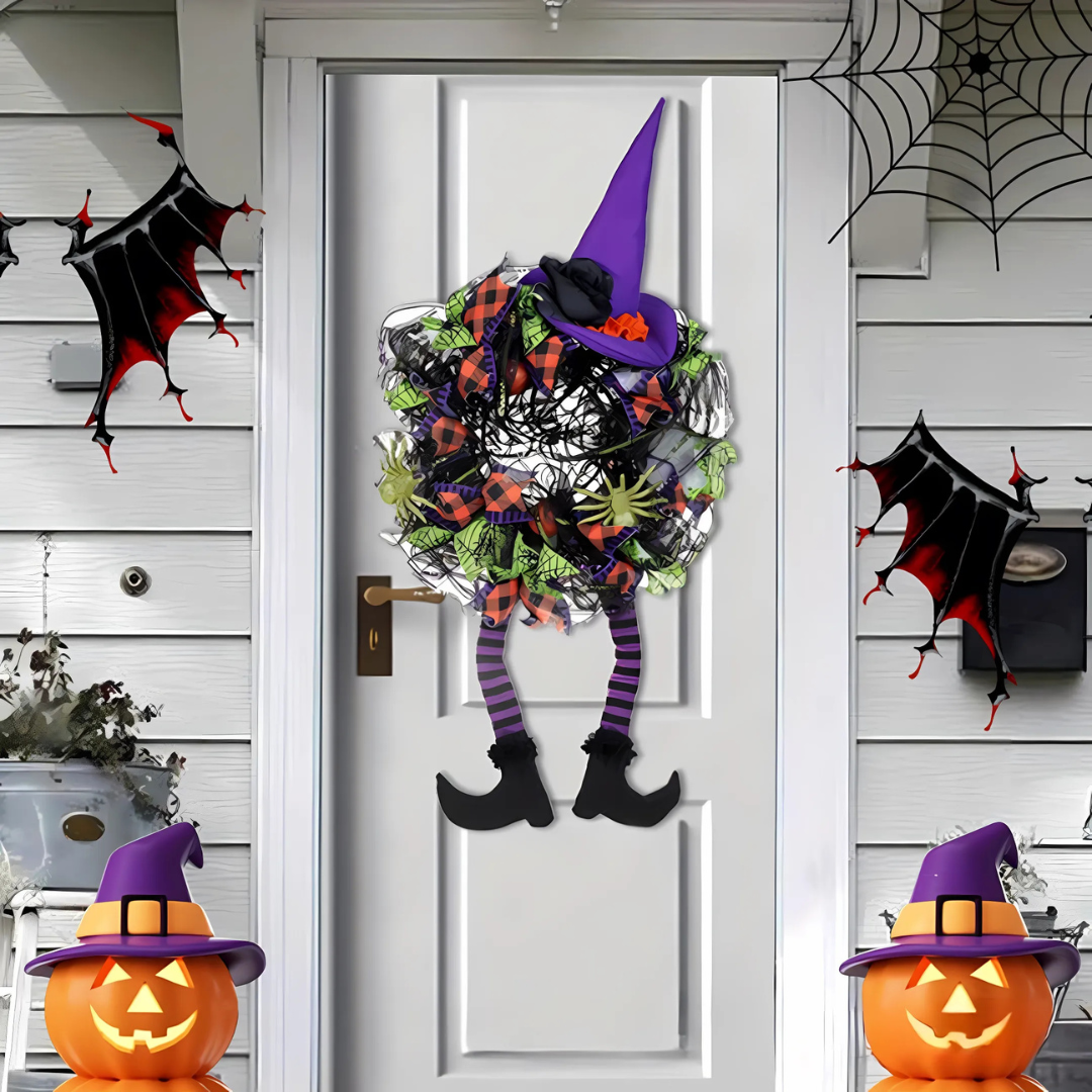 Whimsical Witch Mesh Wreath – Halloween Front Door Decoration for Festive Fun