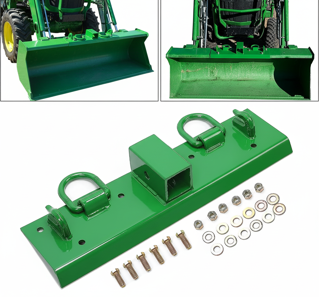 Bolt-On Bucket Grab Hook for John Deere Compact Tractors - Green Powder-Coated Steel Tow Hook