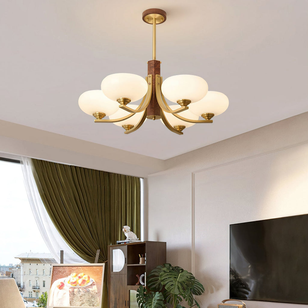 Three-Arm Walnut & Brass Chandelier with Beige Glass Shades