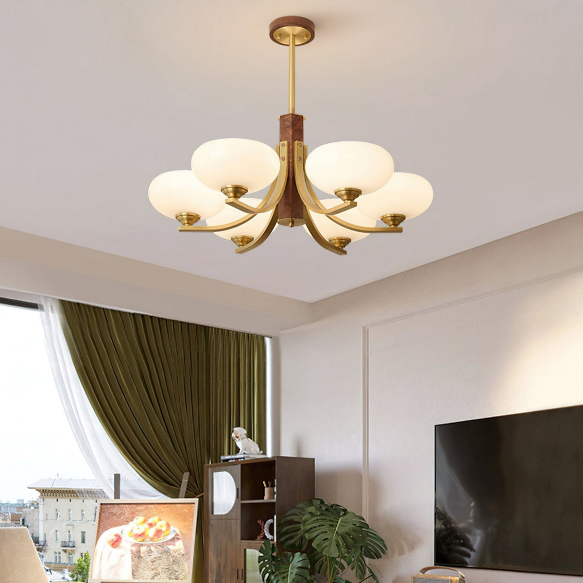 Three-Arm Walnut & Brass Chandelier with Beige Glass Shades
