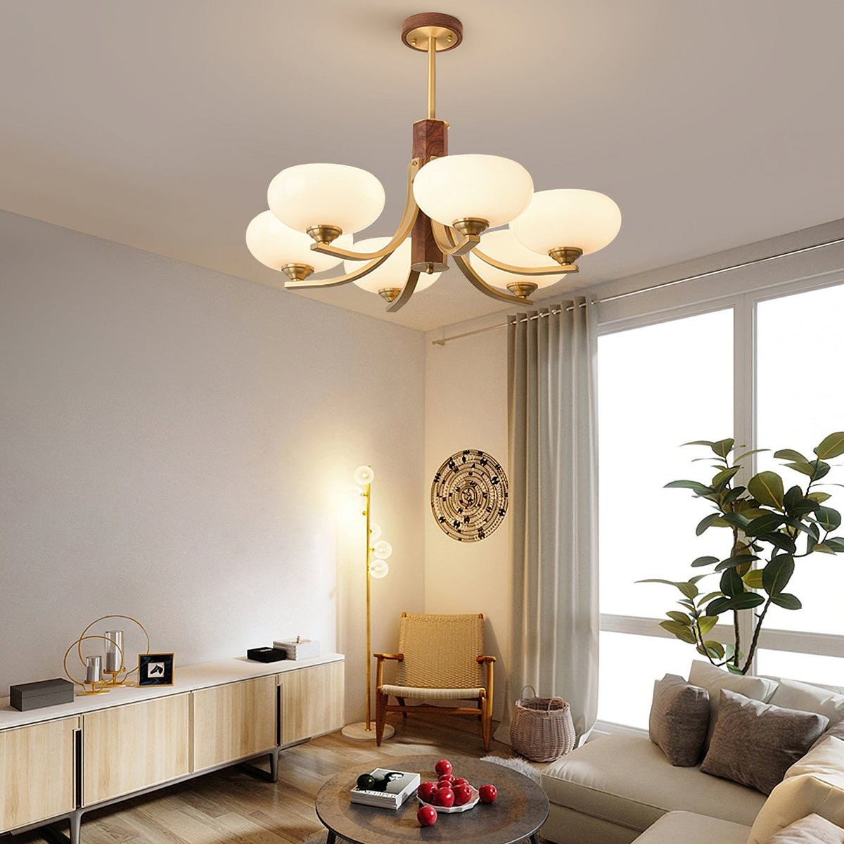Three-Arm Walnut & Brass Chandelier with Beige Glass Shades