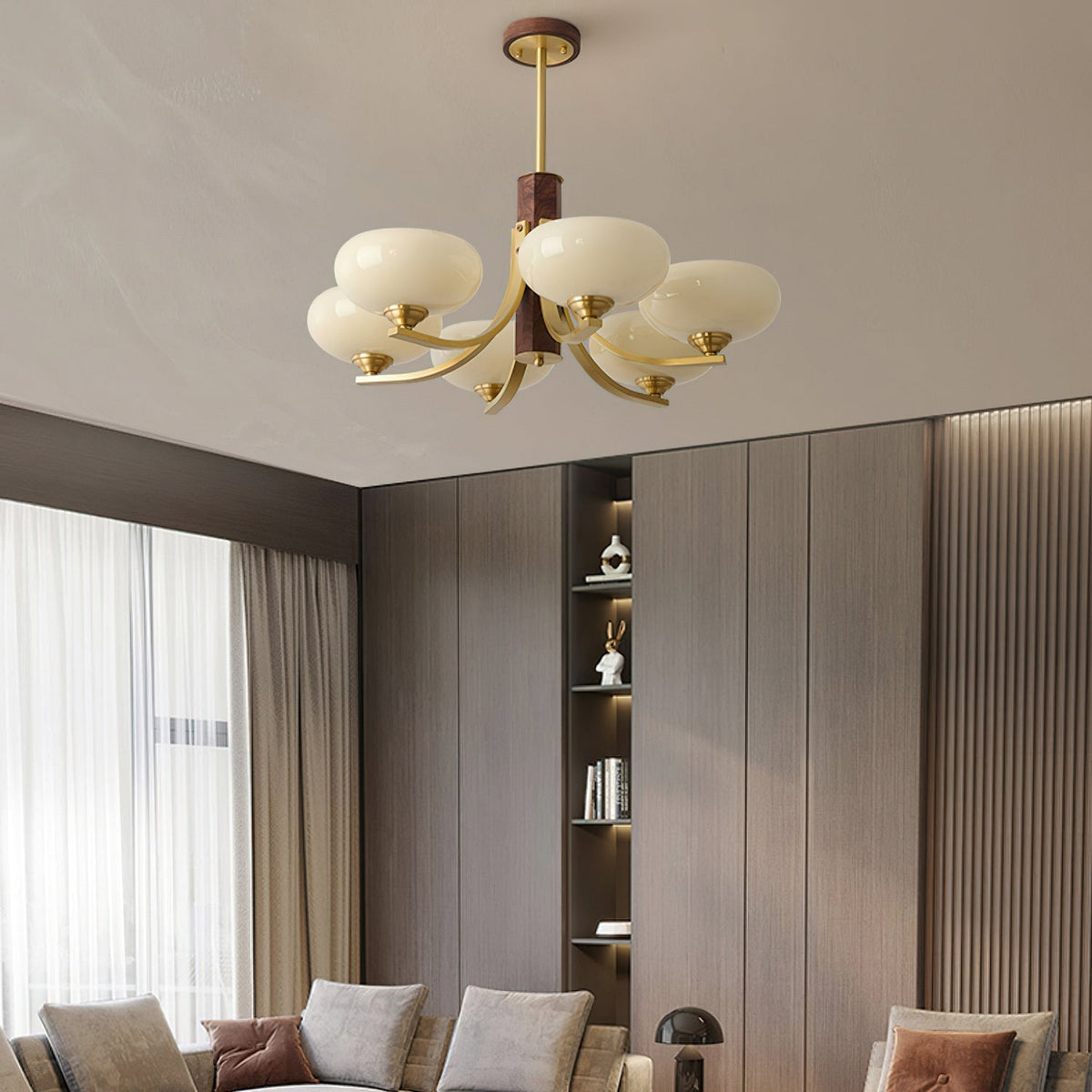 Three-Arm Walnut & Brass Chandelier with Beige Glass Shades